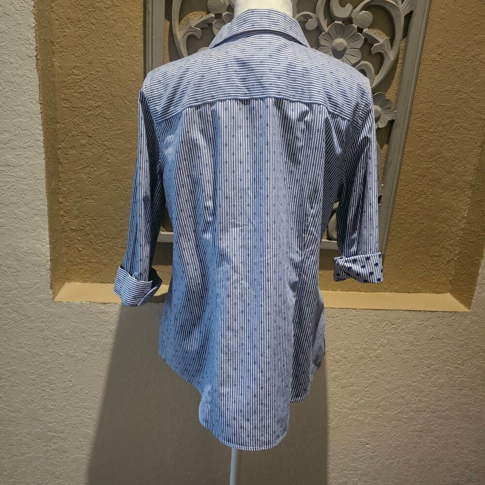 Chico's 1 (8-10) Blue White Stripe Button Up Shirt Grandma Coastal Nautical - Picture 3 of 12